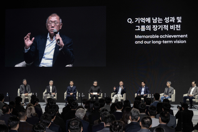 정의선(왼쪽 5번째) 현대차그룹 회장을 포함한 경영진들이 6일 경기도 고양시 소재 현대모터스튜디오 일산에서 열린 2025년 신년회 'HMG 라운드 테이블'에 참석해 올해 경영환경과 그룹의 방향성에 대해 임직원들에게 직접 설명했다. 현대차그룹 제공
